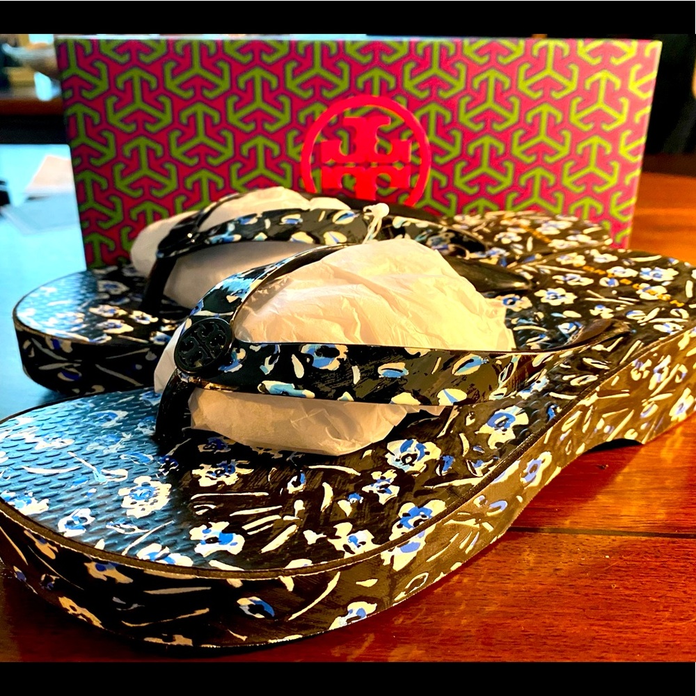 Tory Burch Printed Cut-Out Wedge Flip Flops